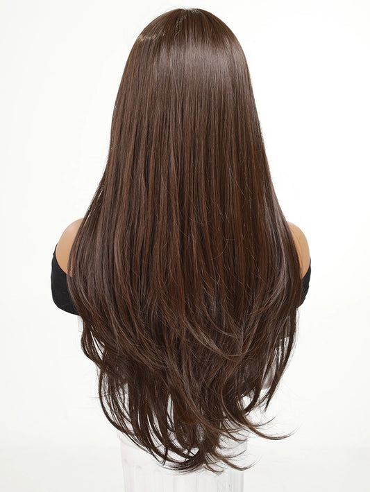 Sienna | Long Straight Synthetic Lace Front Wig with Bangs – 26 Inch | Wine Brown