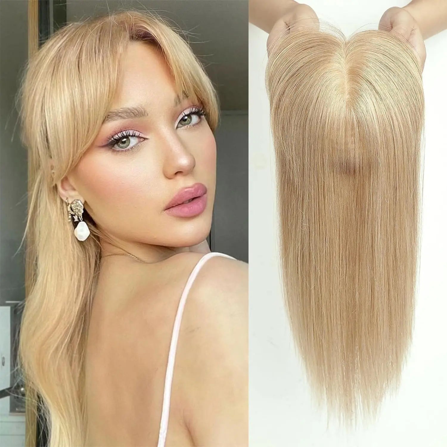 Straight Remy Human Hair Topper with Bangs – Silk Base, Multi-Shade