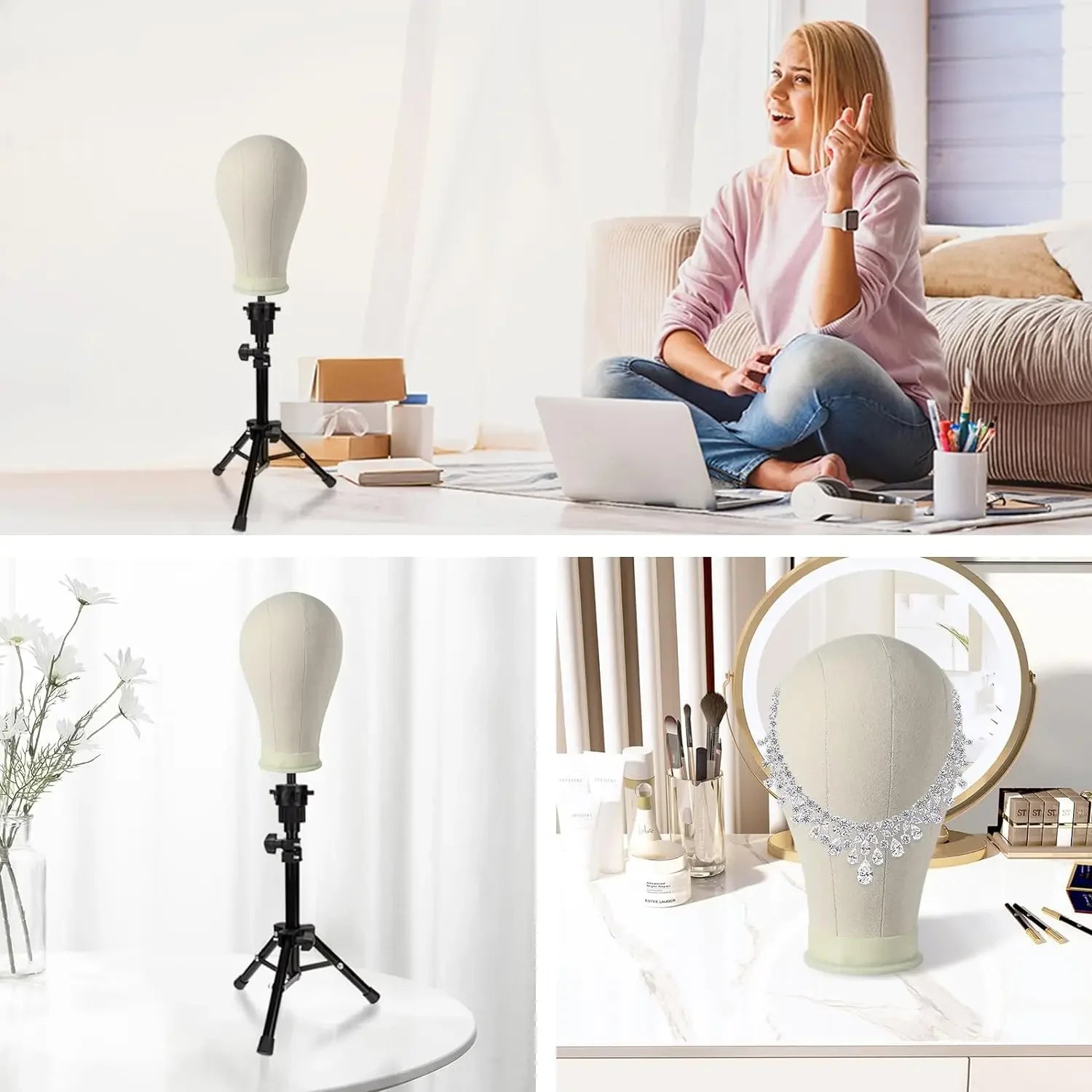 Soft Canvas Wig Head with Tripod Stand – 22 Inch | Adjustable Wig Styling Stand