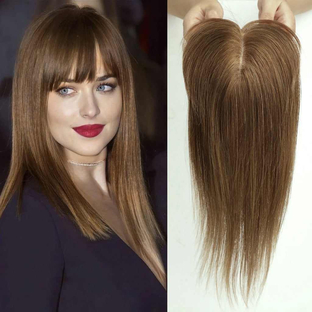 Ombre Brown Straight Human Hair Topper with Bangs – Silk Base 3-Clip