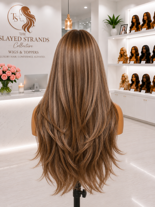 Biscotti | Long Natural Wavy Synthetic Wig with Bangs – Brown Mixed Blonde | Heat Resistant | 26+ Inch