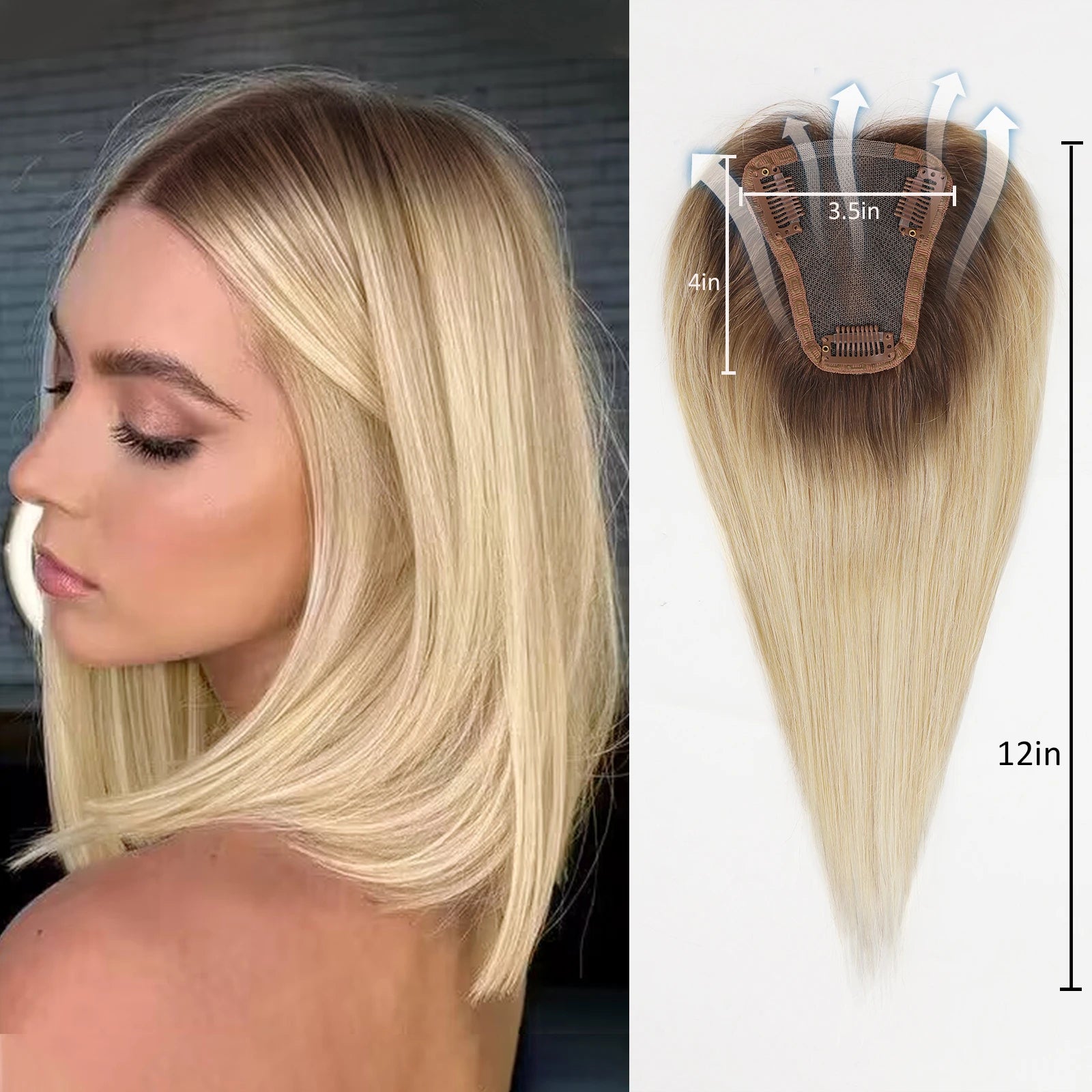 Blonde Brown Ombre Remy Human Hair Topper – Silk Base 150% 12 Inch