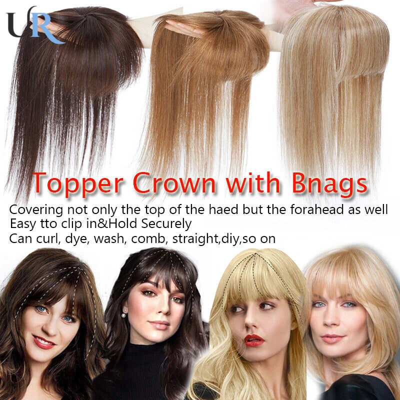 Blonde Straight Human Hair Topper with Bangs – Silk Base Clip-In