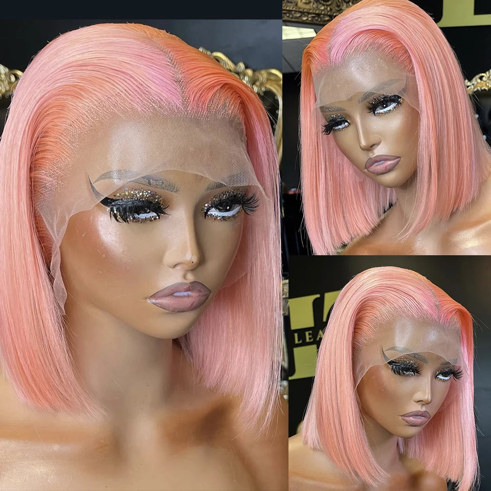 Pink Short Straight Bob 13x4 Lace Frontal Wig 180%