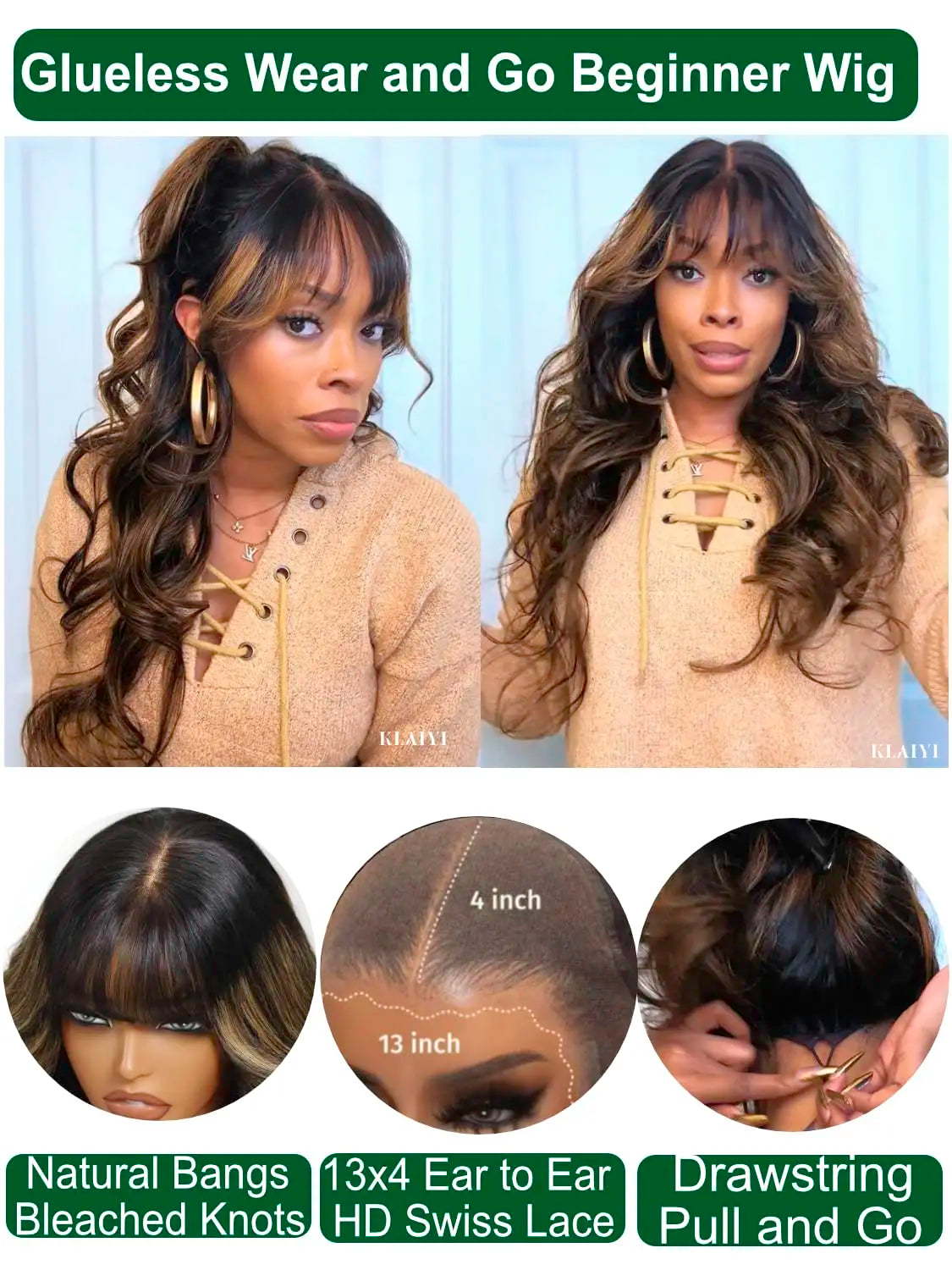 Ombre Chestnut Brown Curtain Bangs Body Wave Wig