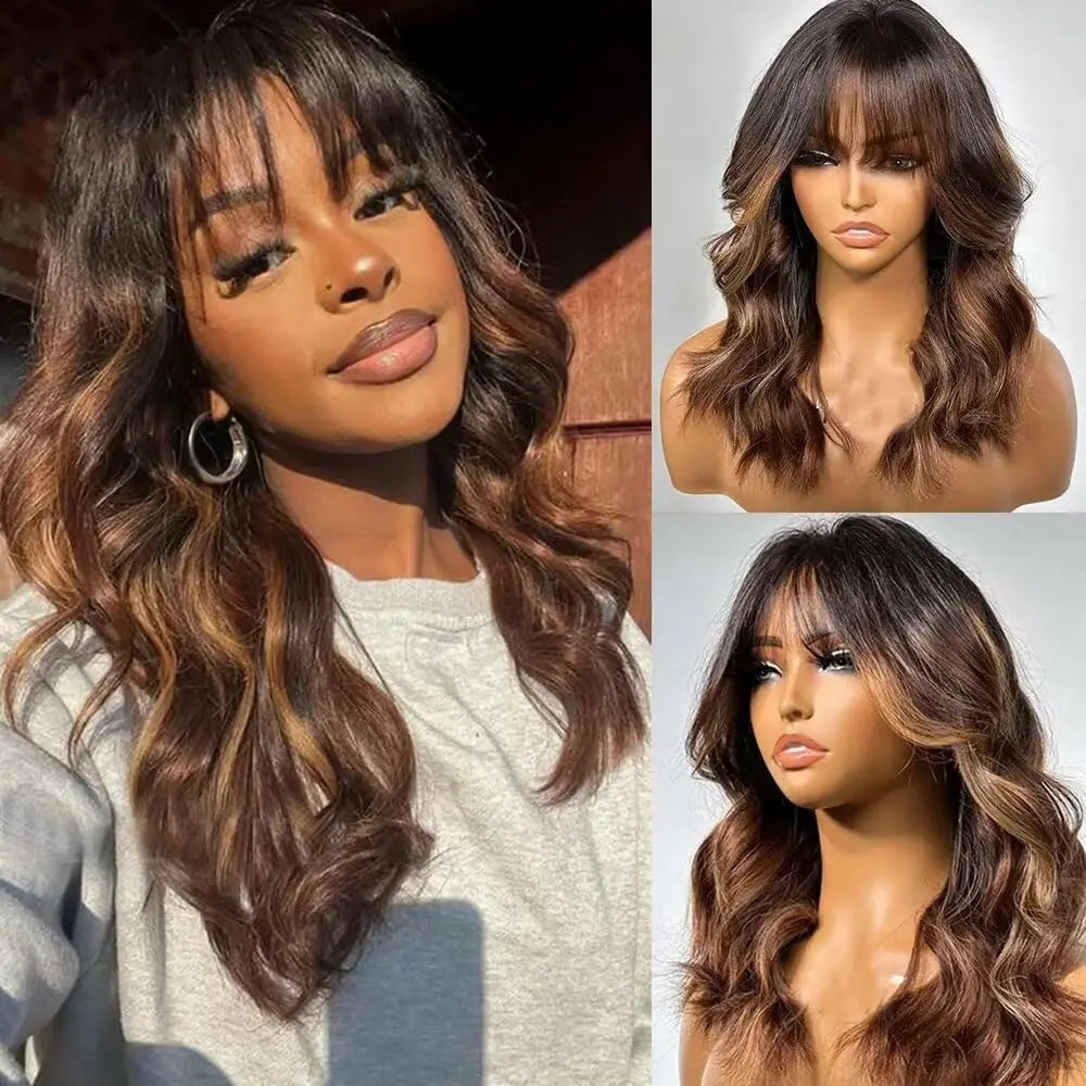 Ombre Chestnut Brown Curtain Bangs Body Wave Wig