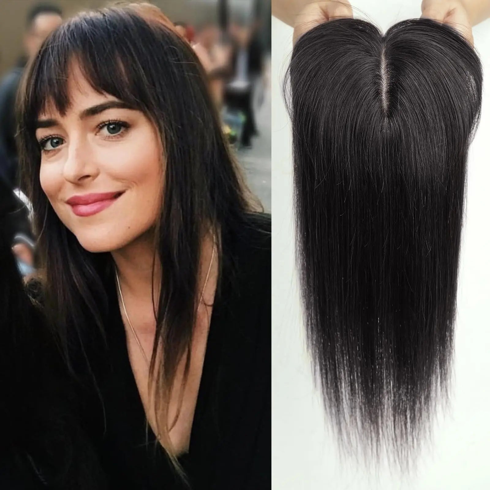 Straight Remy Human Hair Topper with Bangs – Silk Base, Multi-Shade