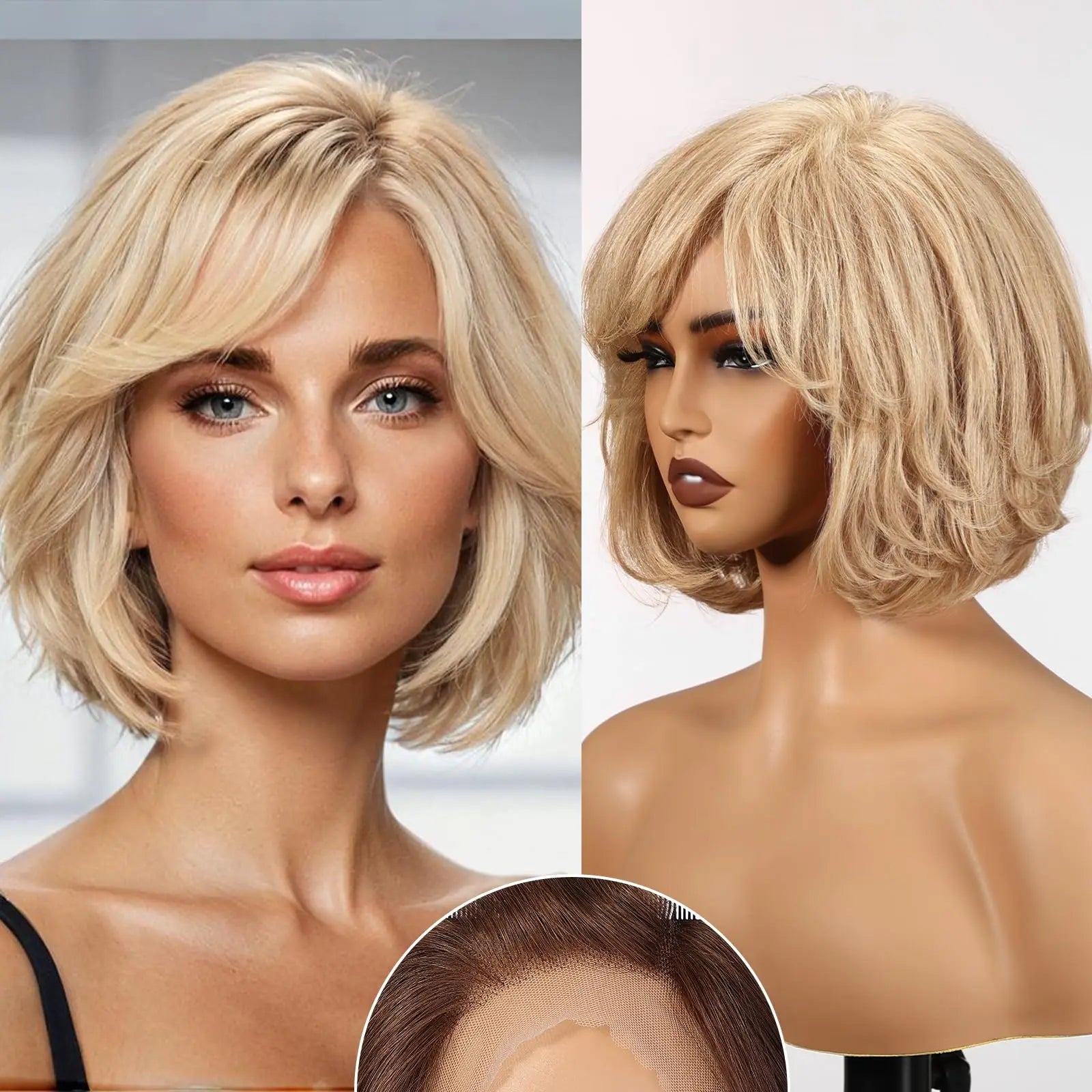 Blonde Body Wave Short Bob Lace Front Wig with Bangs – Remy Hair