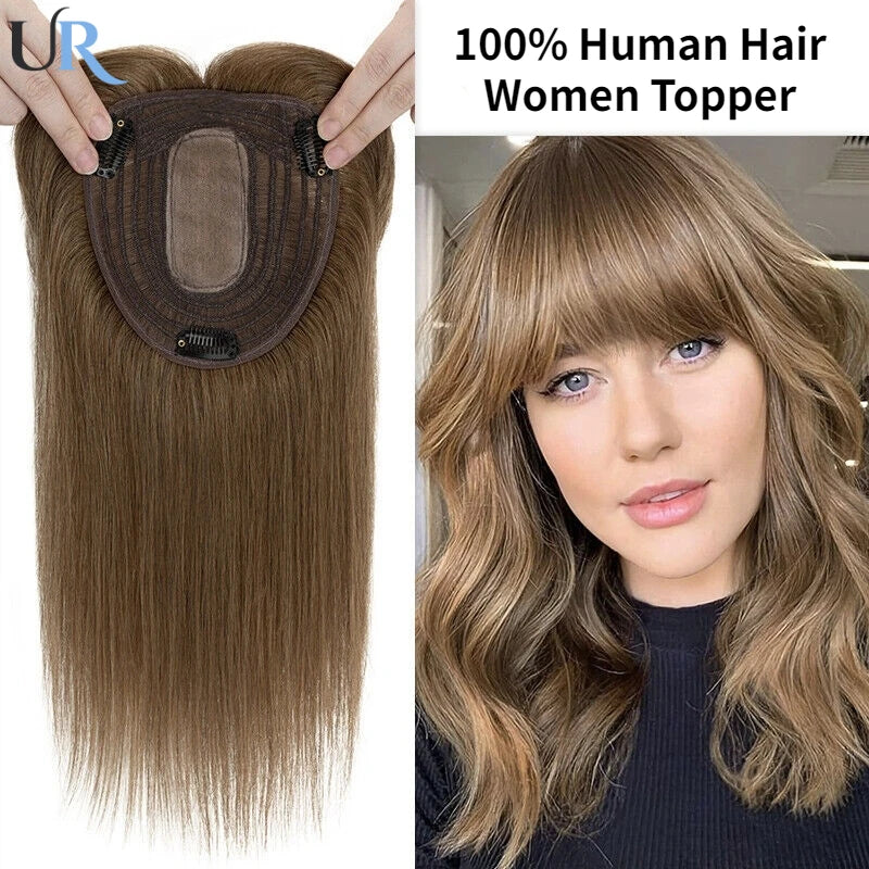 Blonde Straight Human Hair Topper with Bangs – Silk Base Clip-In