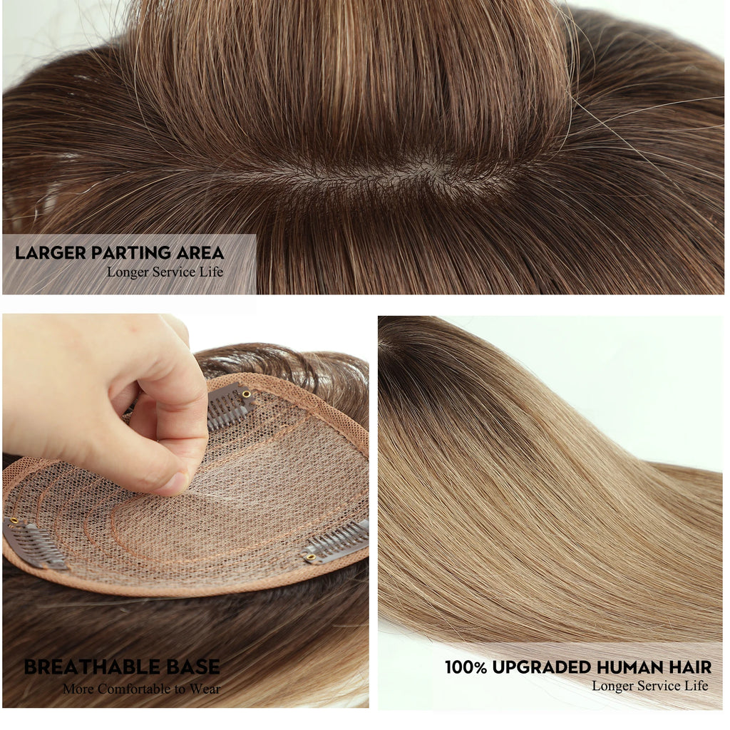 Light Brown Remy Human Hair Topper – Silk Base Clip-In for Thinning Hair