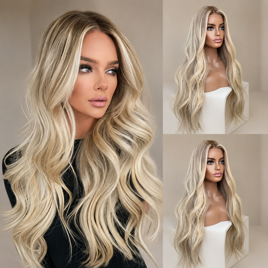 Halo | Body Wave Ash Blonde Ombré Wig – HD Transparent Lace | Virgin Human Hair | 190–210% Density | Pre-Plucked | 18–28 Inch