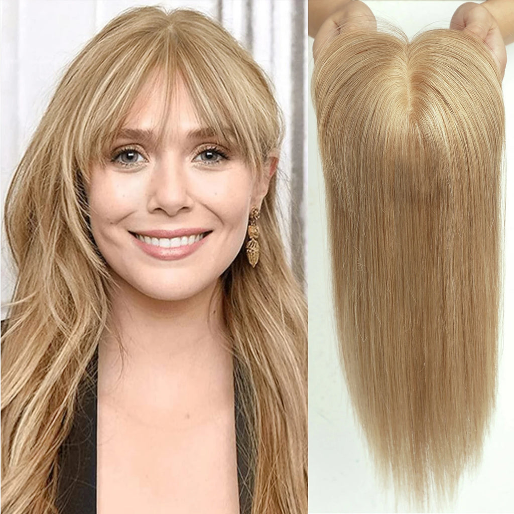 Ombre Brown Straight Human Hair Topper with Bangs – Silk Base 3-Clip