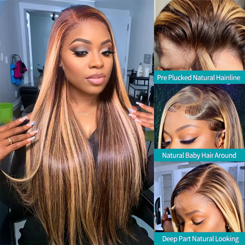 P4/27 Honey Blonde Highlight Bone Straight 13x6 HD Lace Wig