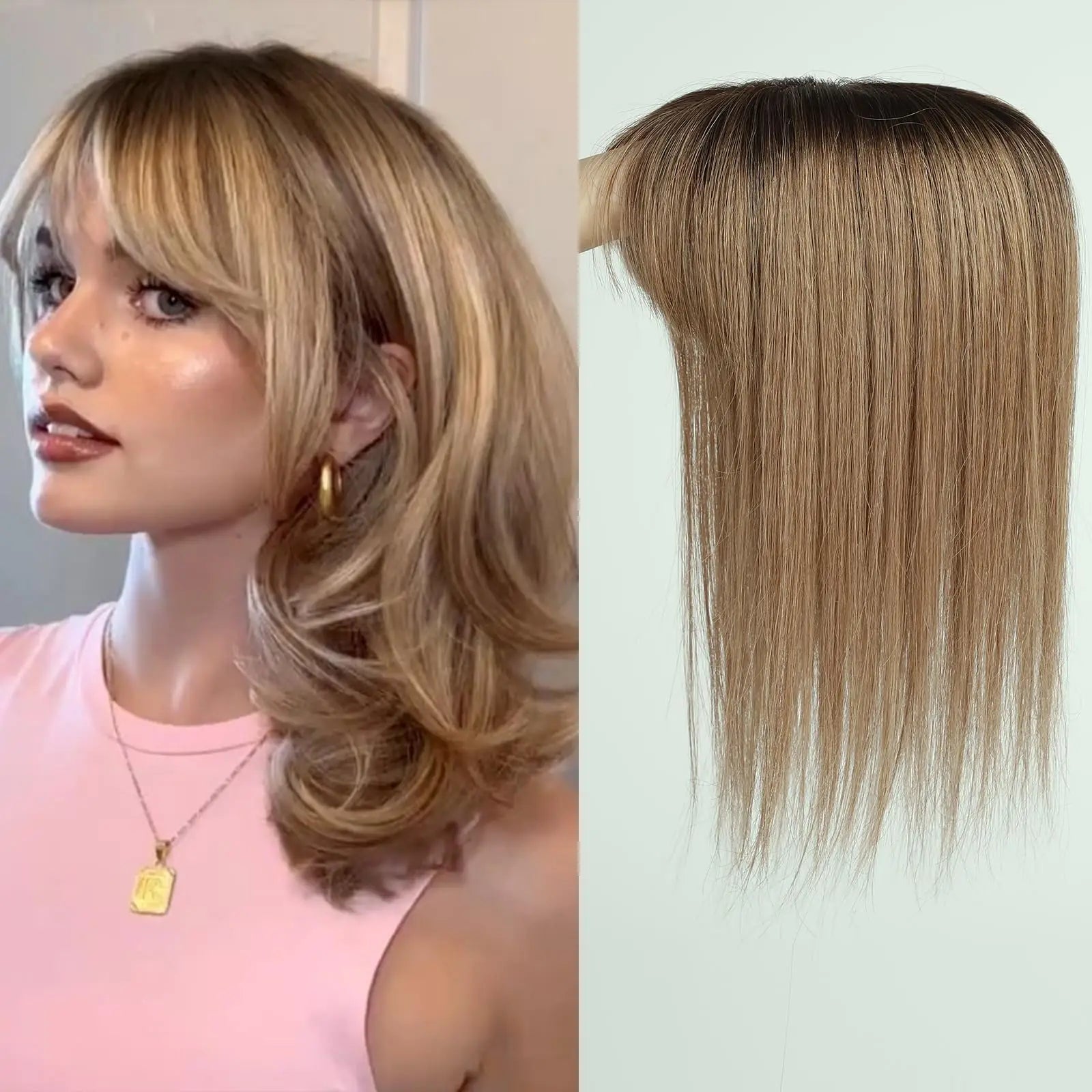 Straight Remy Human Hair Topper with Bangs – Silk Base, Multi-Shade