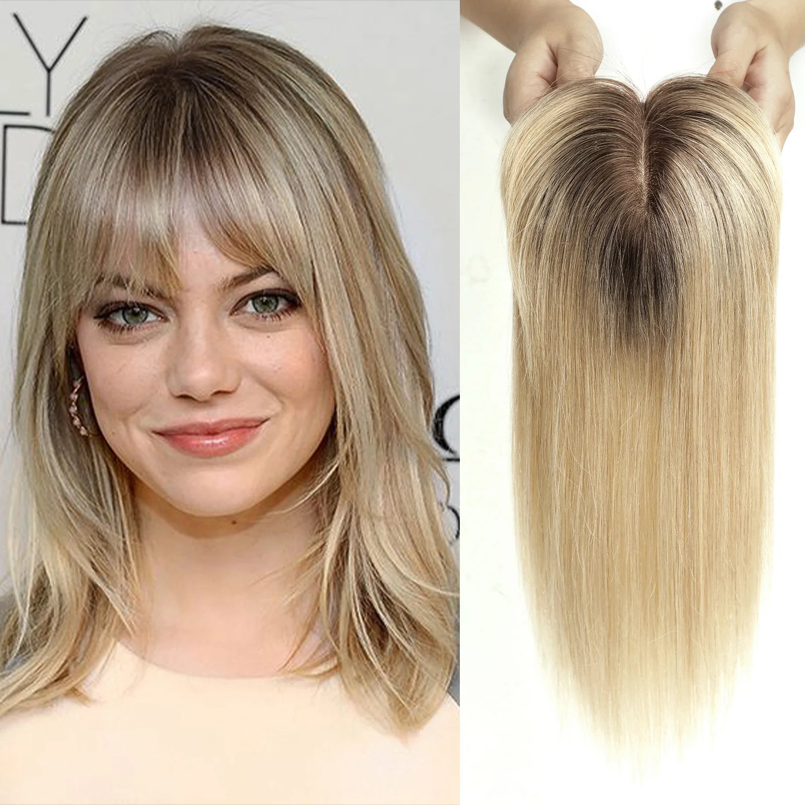 Ombre Brown Straight Human Hair Topper with Bangs – Silk Base 3-Clip