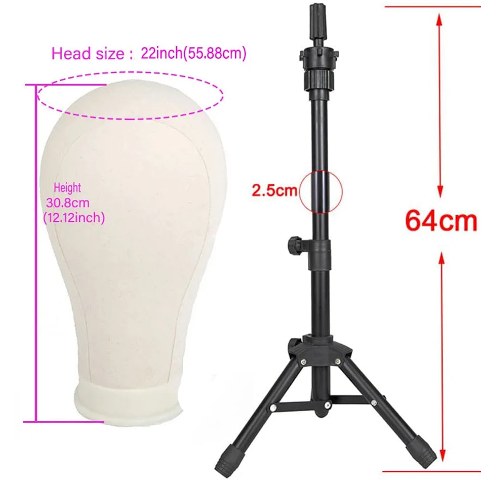 Soft Canvas Wig Head with Tripod Stand – 22 Inch | Adjustable Wig Styling Stand