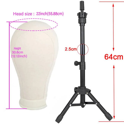 Soft Canvas Wig Head with Tripod Stand – 22 Inch | Adjustable Wig Styling Stand