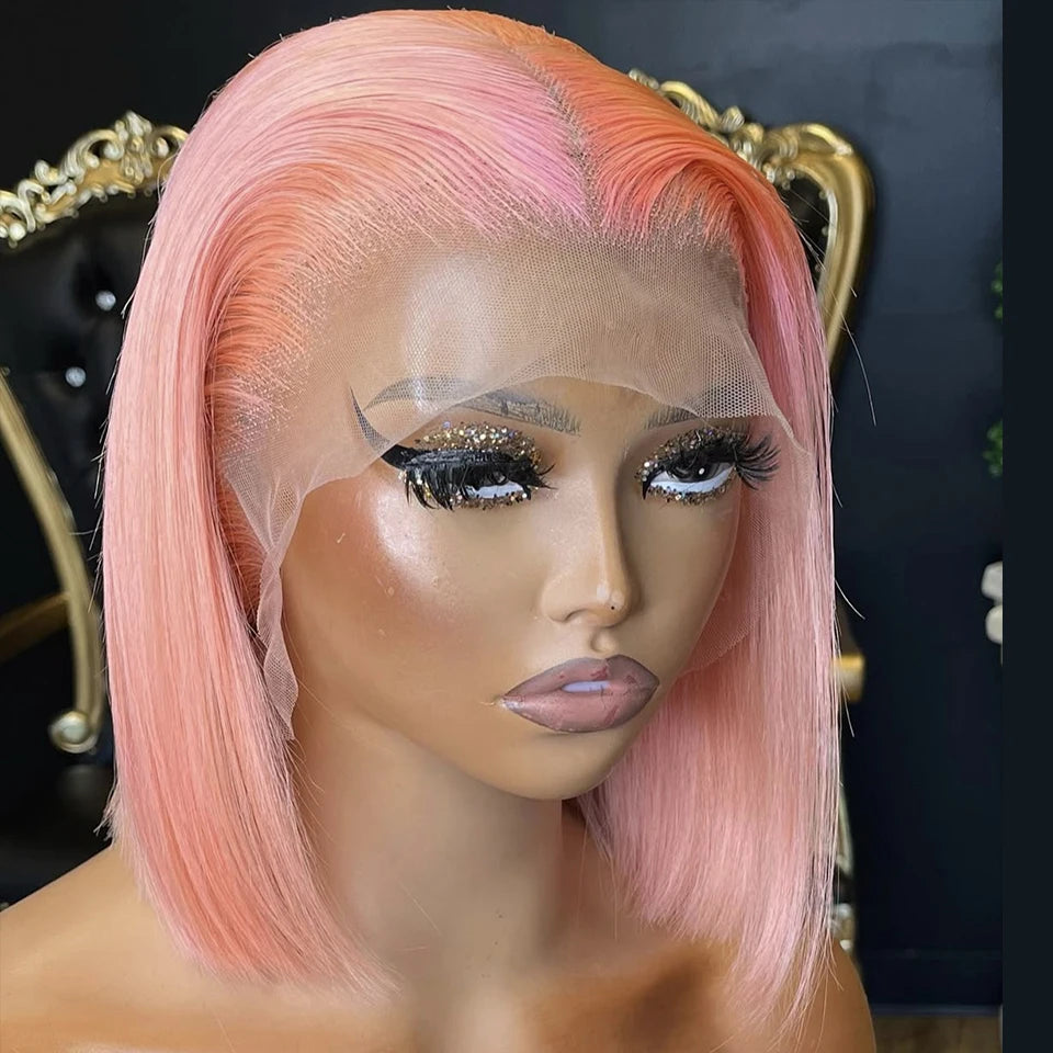 Pink Short Straight Bob 13x4 Lace Frontal Wig 180%