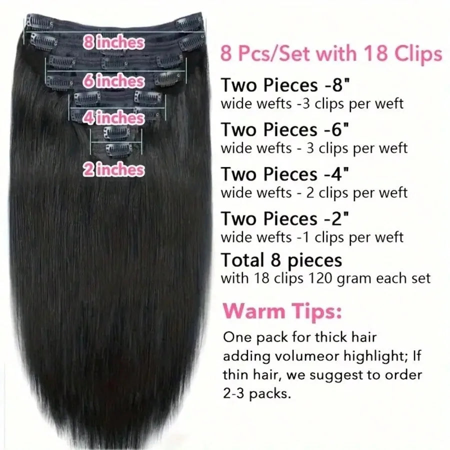 28 Inch Straight Clip-In Hair Extensions – 8pcs | 100% Human Hair | Multiple Colours