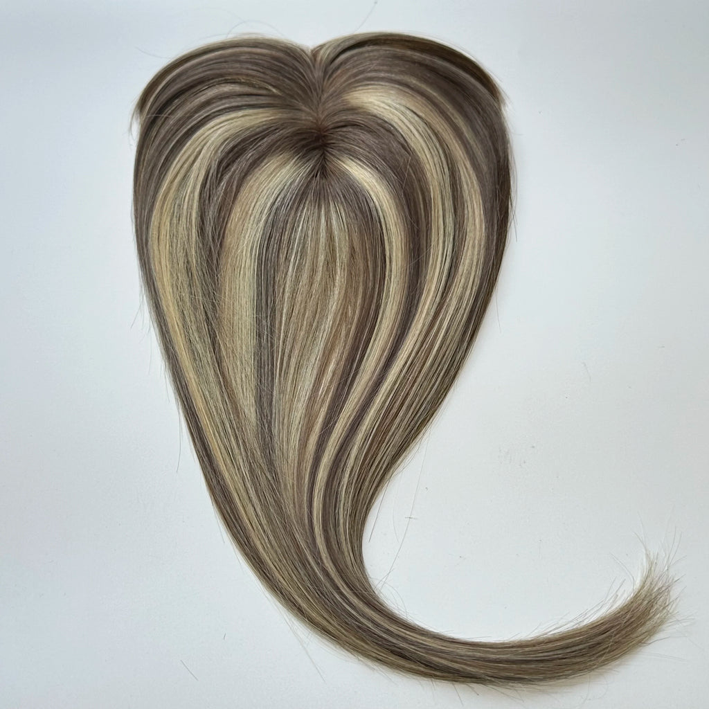 Blonde Straight Human Hair Topper with Bangs – Silk Base Clip-In