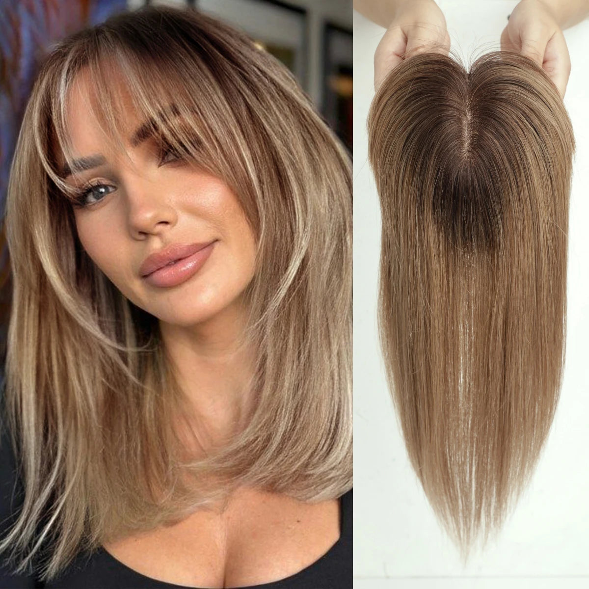 Ombre Brown Straight Human Hair Topper with Bangs – Silk Base 3-Clip