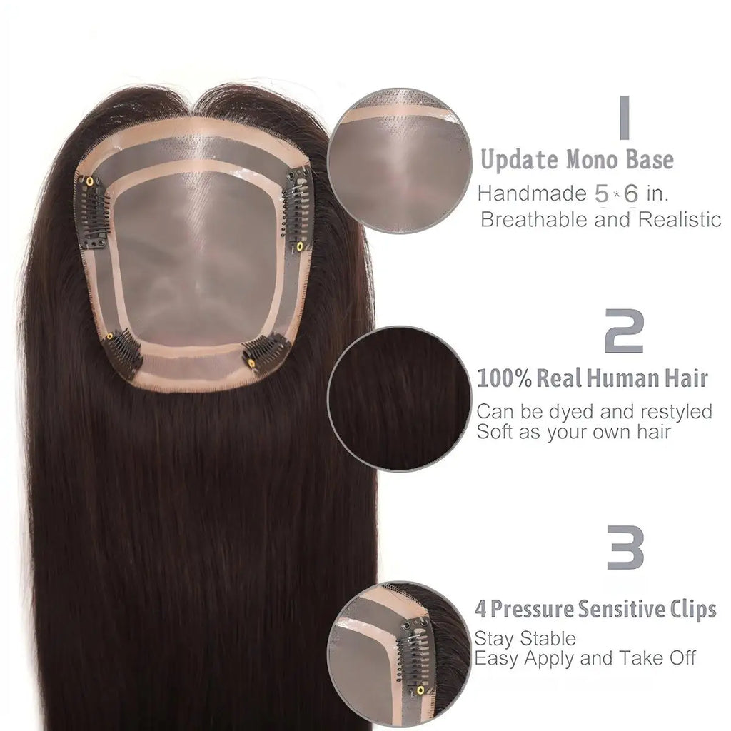 Human Hair Topper – Mono Base Clip-In for Thinning Hair