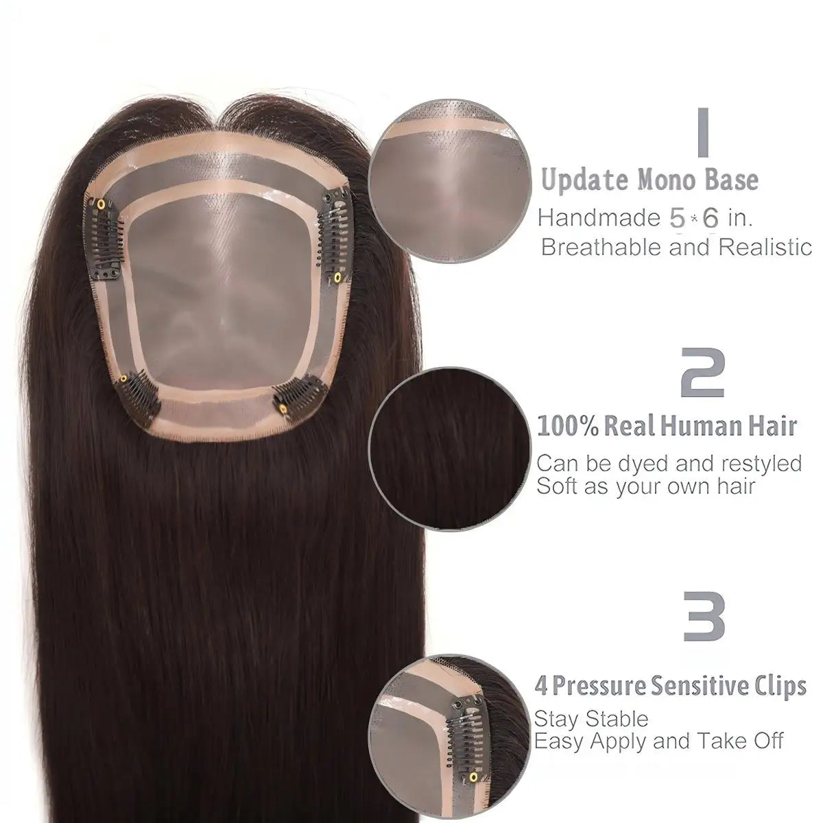 Human Hair Topper – Mono Base Clip-In for Thinning Hair