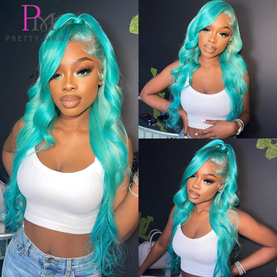 Cyan Blue / Light Green Body Wave 13x6 Lace Front Wig