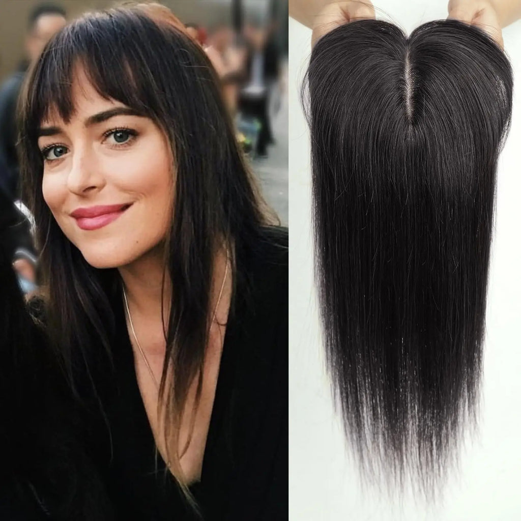 Straight Remy Human Hair Topper with Bangs – Silk Base, Multi-Shade