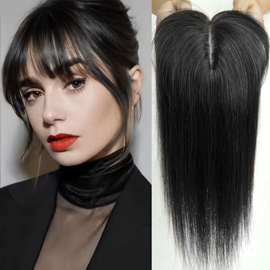 Ombre Brown Straight Human Hair Topper with Bangs – Silk Base 3-Clip