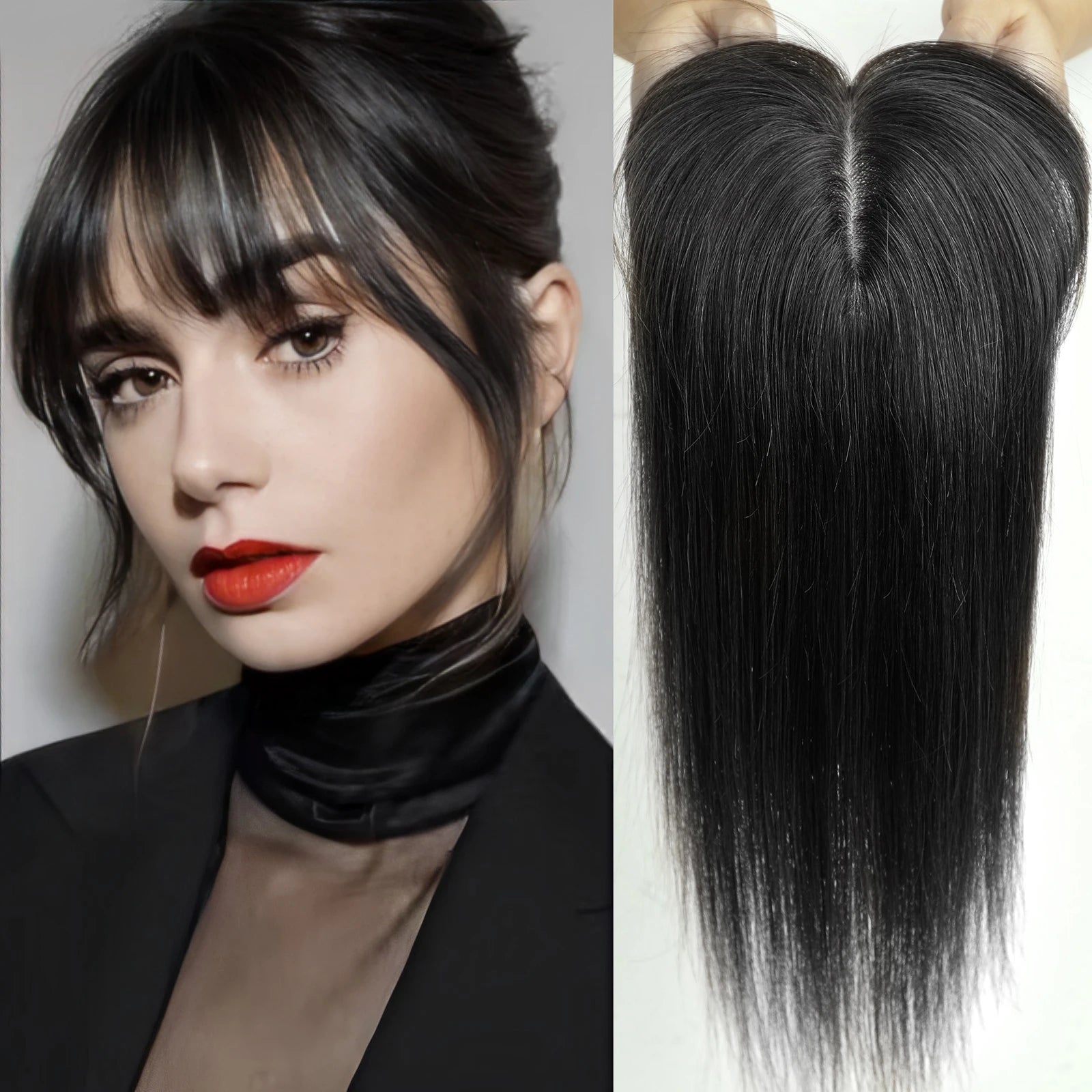 Ombre Brown Straight Human Hair Topper with Bangs – Silk Base 3-Clip