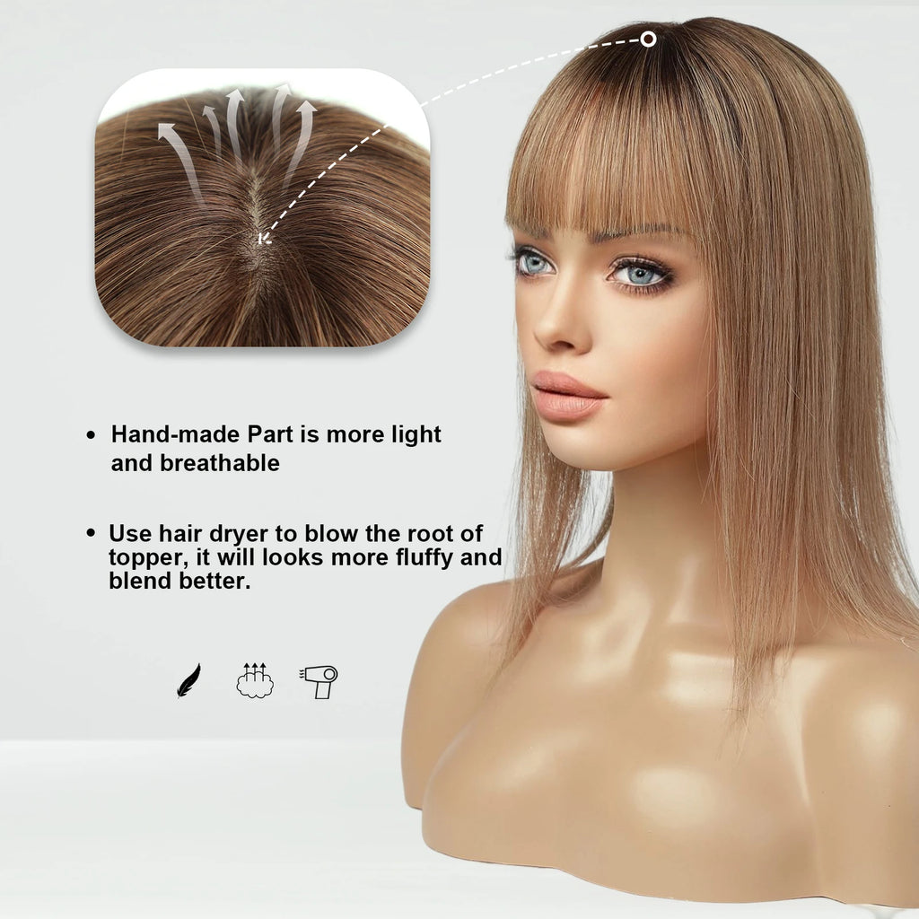 Light Brown Remy Human Hair Topper – Silk Base Clip-In for Thinning Hair