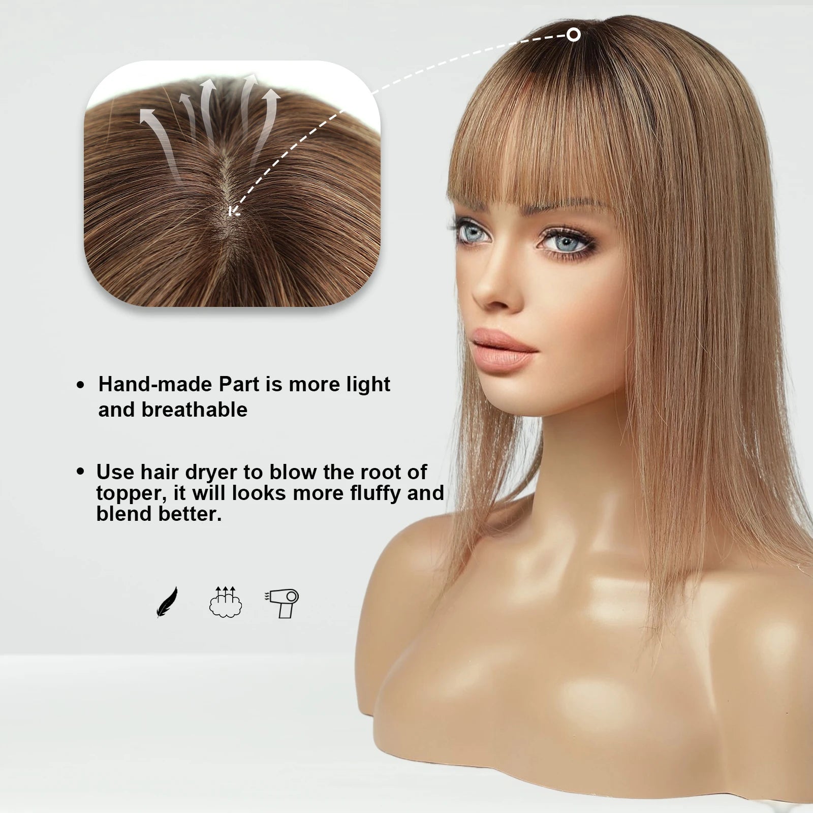 Light Brown Remy Human Hair Topper – Silk Base Clip-In for Thinning Hair
