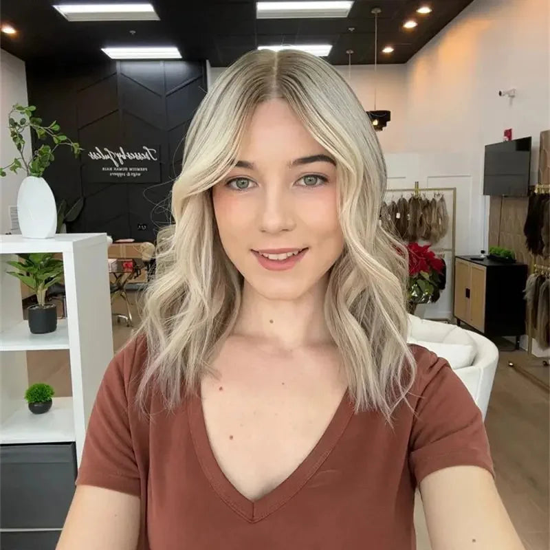 Ash Blonde Balayage Highlight Short Bob Lace Front Wig – Synthetic Blend