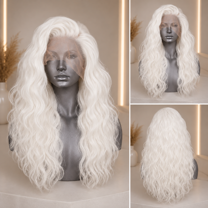 Ivory | Wavy Lace Front Wig – White Blonde | 13x4 Transparent Lace | Heat Resistant Synthetic | 24 Inch