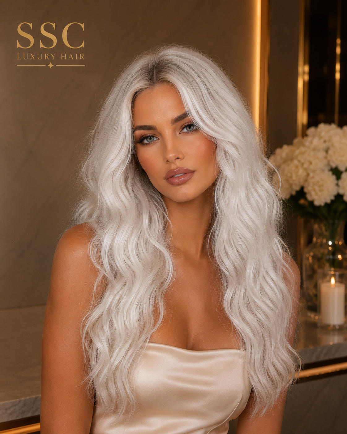 Pearl | Silver White Long Wavy Synthetic Wig – 26+ Inches | High-Temp Fibre