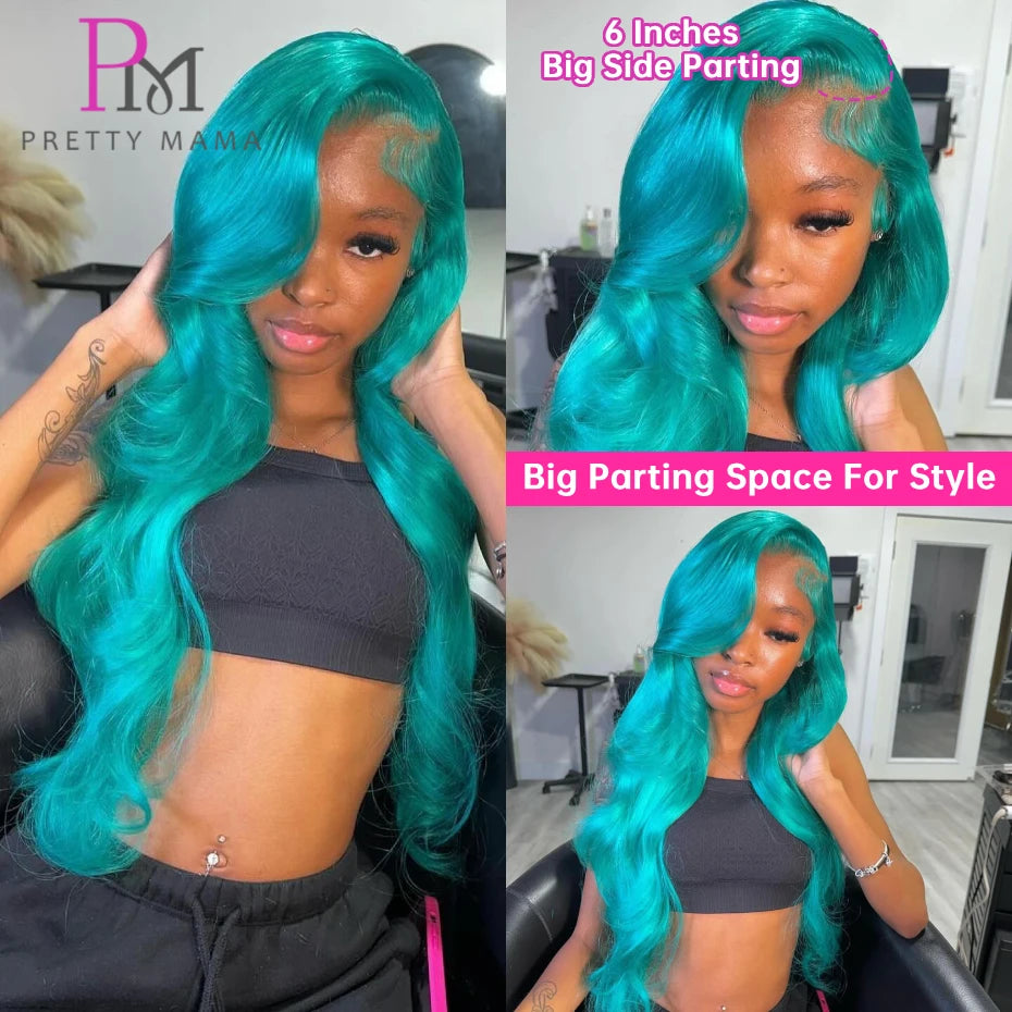 Cyan Blue / Light Green Body Wave 13x6 Lace Front Wig