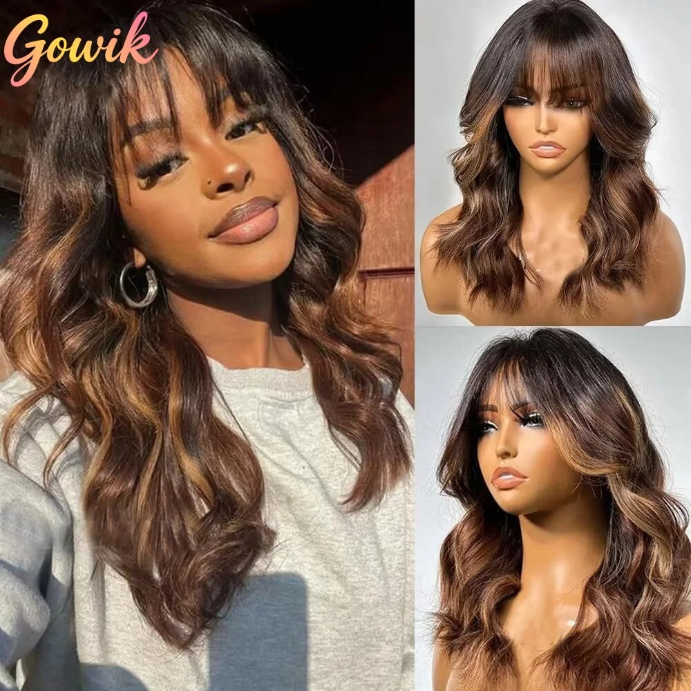Ombre Chestnut Brown Curtain Bangs Body Wave Wig