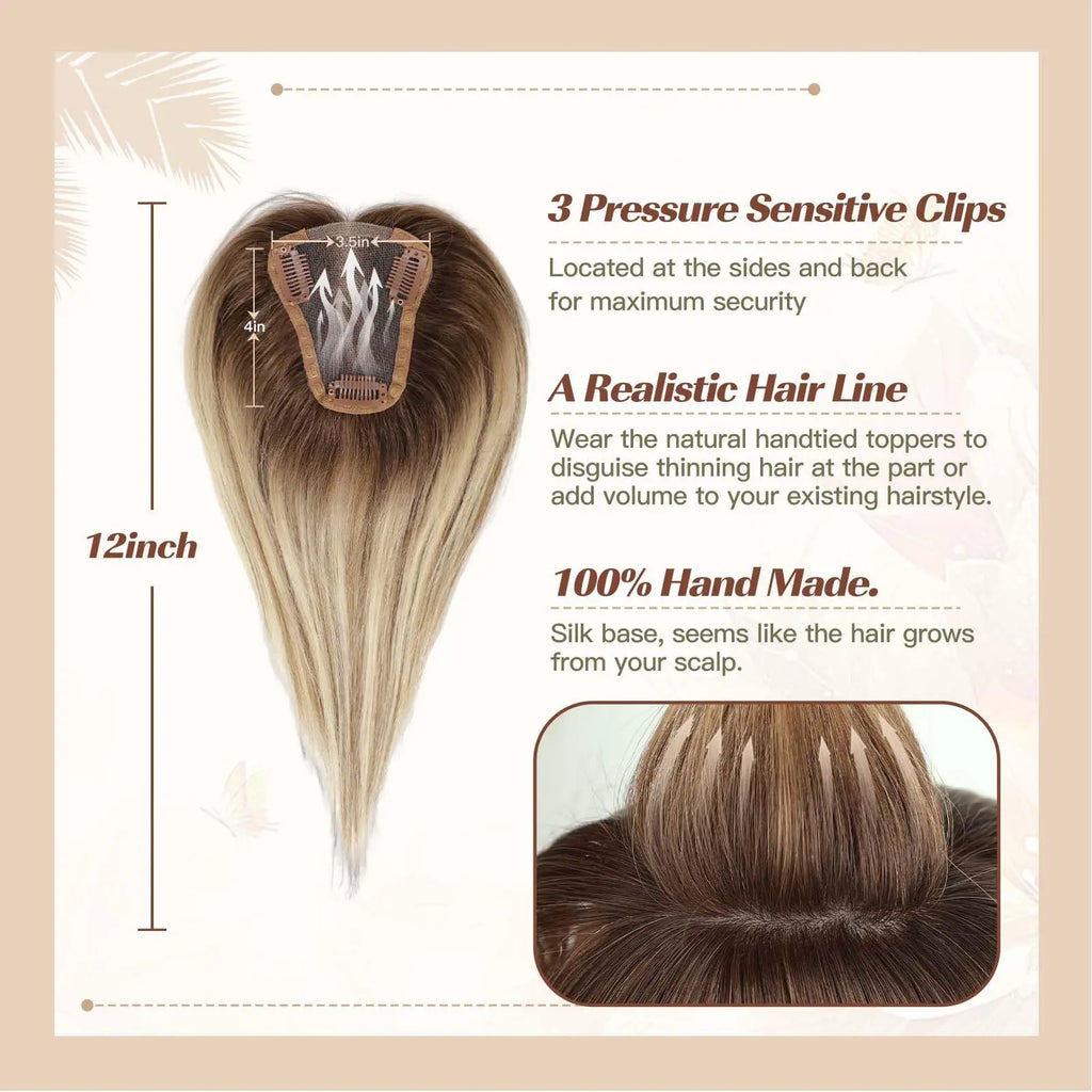 Blonde Brown Ombre Remy Human Hair Topper – Silk Base 150% 12 Inch