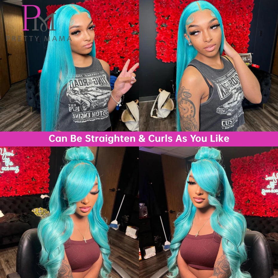 Cyan Blue / Light Green Body Wave 13x6 Lace Front Wig