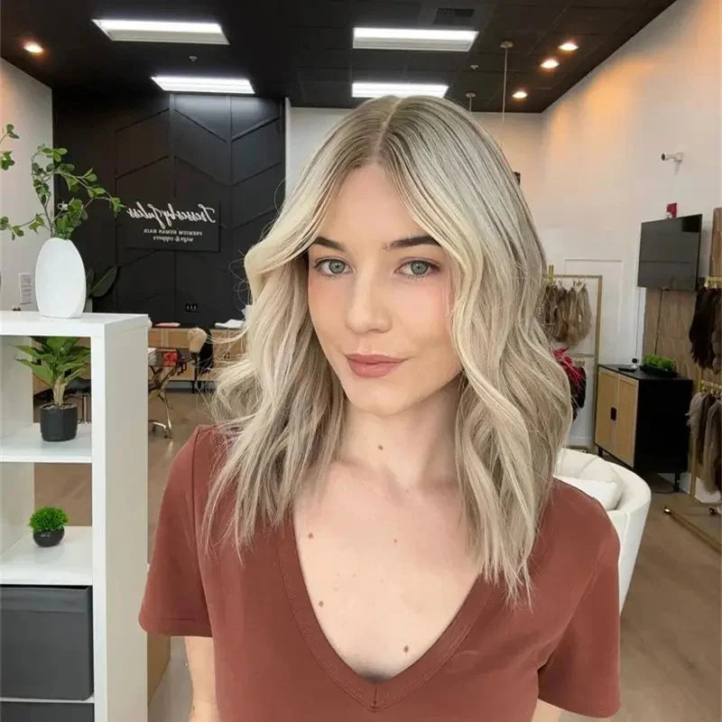 Ash Blonde Balayage Highlight Short Bob Lace Front Wig – Synthetic Blend