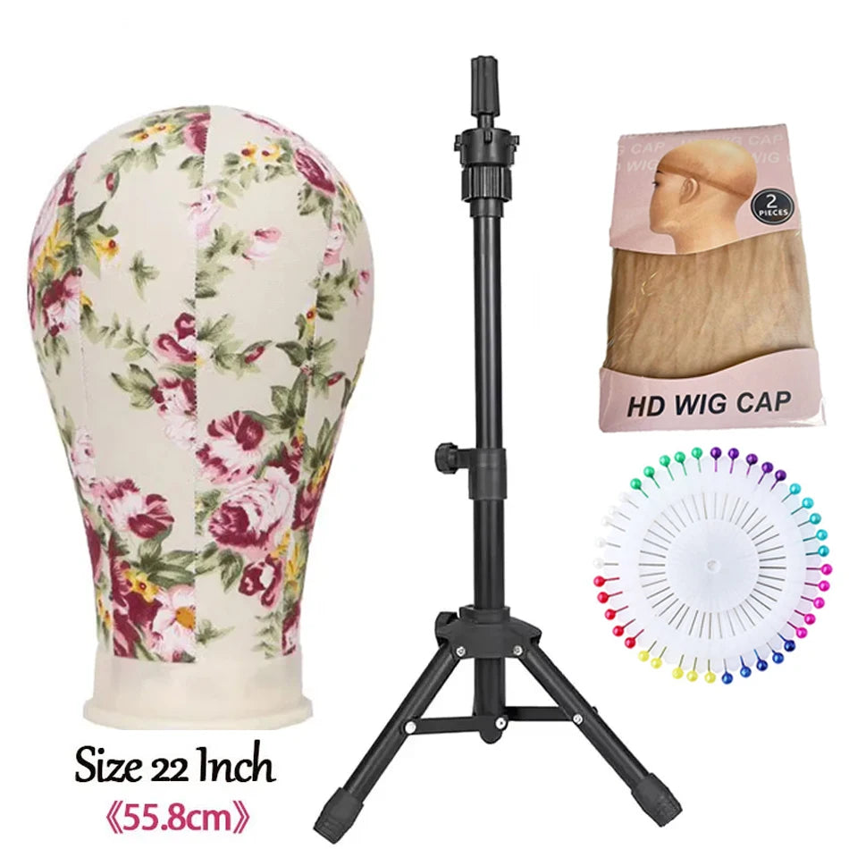 Soft Canvas Wig Head with Tripod Stand – 22 Inch | Adjustable Wig Styling Stand