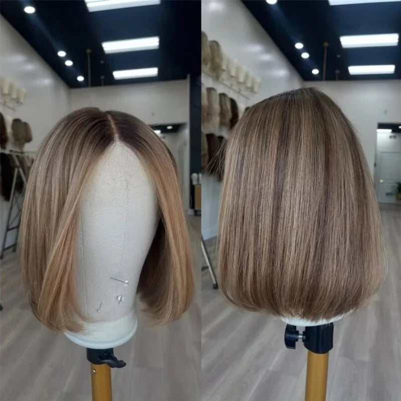 Ash Blonde Balayage Highlight Short Bob Lace Front Wig – Synthetic Blend