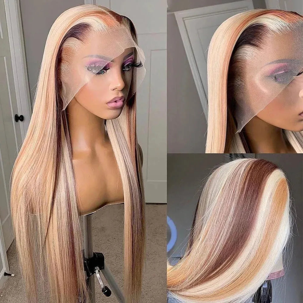 Ombre Platinum Blonde Straight Wig – Synthetic Blend with Ash Brown Roots