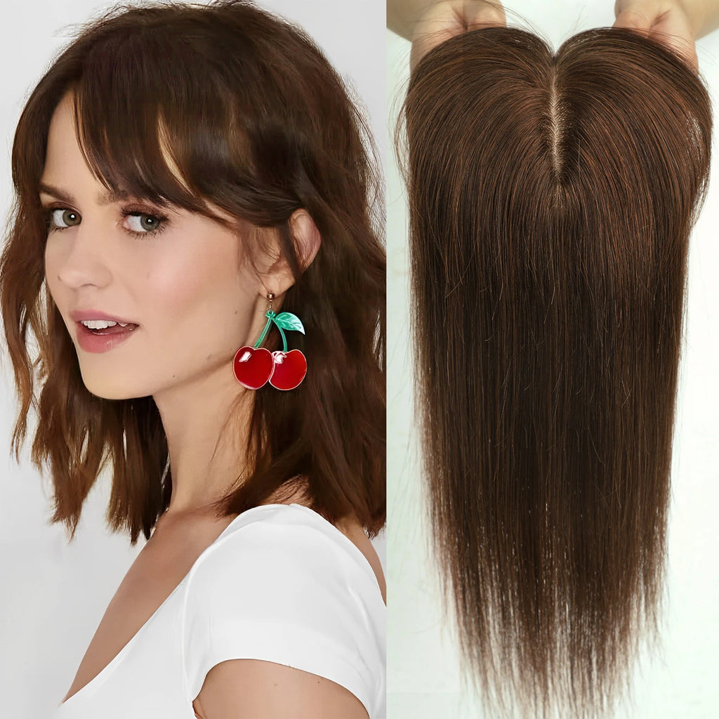 Light Brown Remy Human Hair Topper – Silk Base Clip-In for Thinning Hair