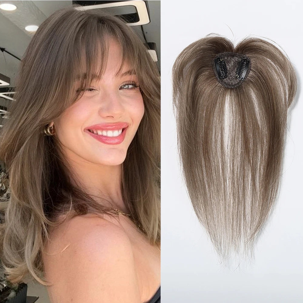 Light Brown Remy Human Hair Topper with Bangs – Silk Base Clip-In