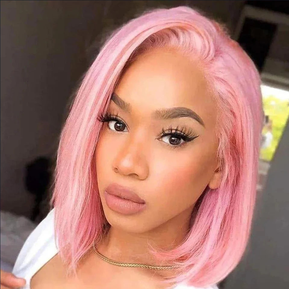 Pink Short Straight Bob 13x4 Lace Frontal Wig 180%