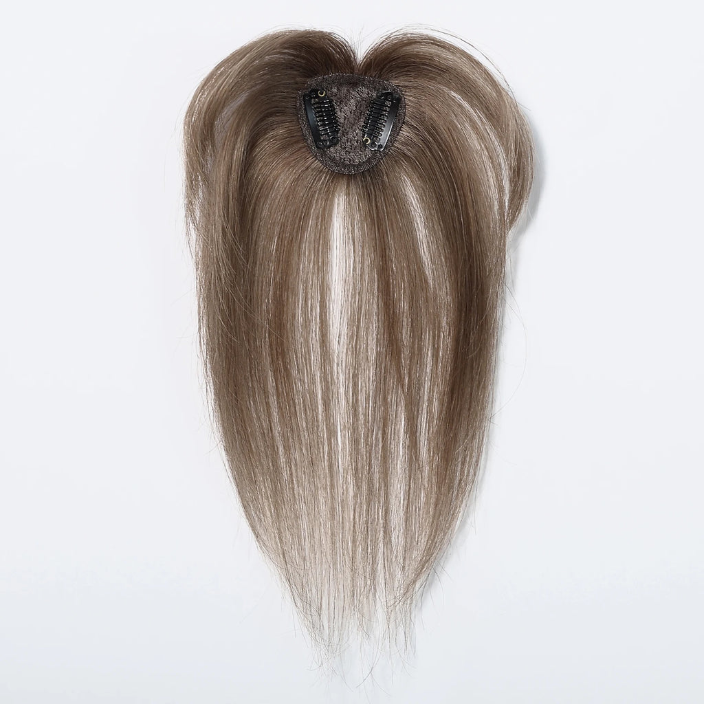 Light Brown Remy Human Hair Topper with Bangs – Silk Base Clip-In