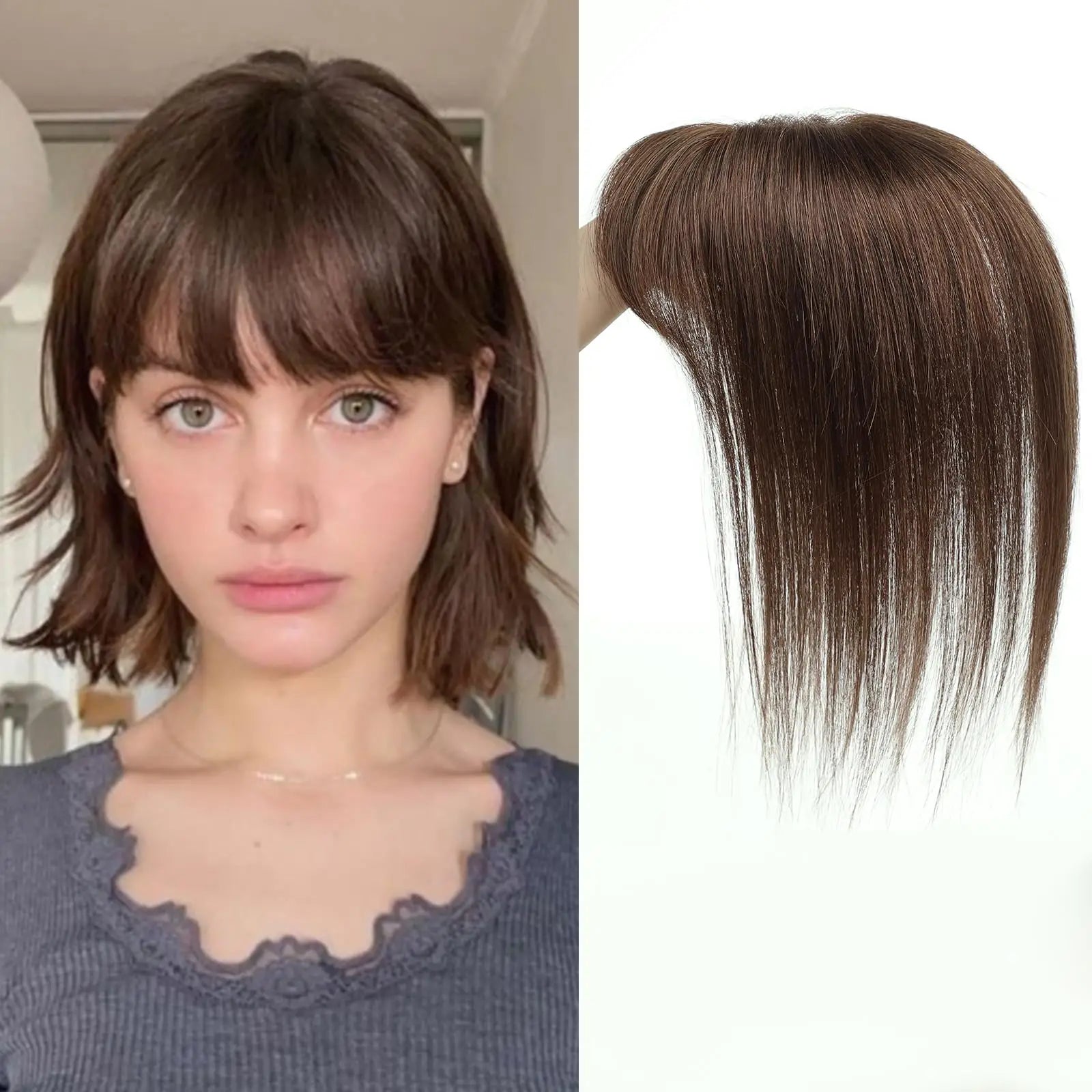 Straight Remy Human Hair Topper with Bangs – Silk Base, Multi-Shade