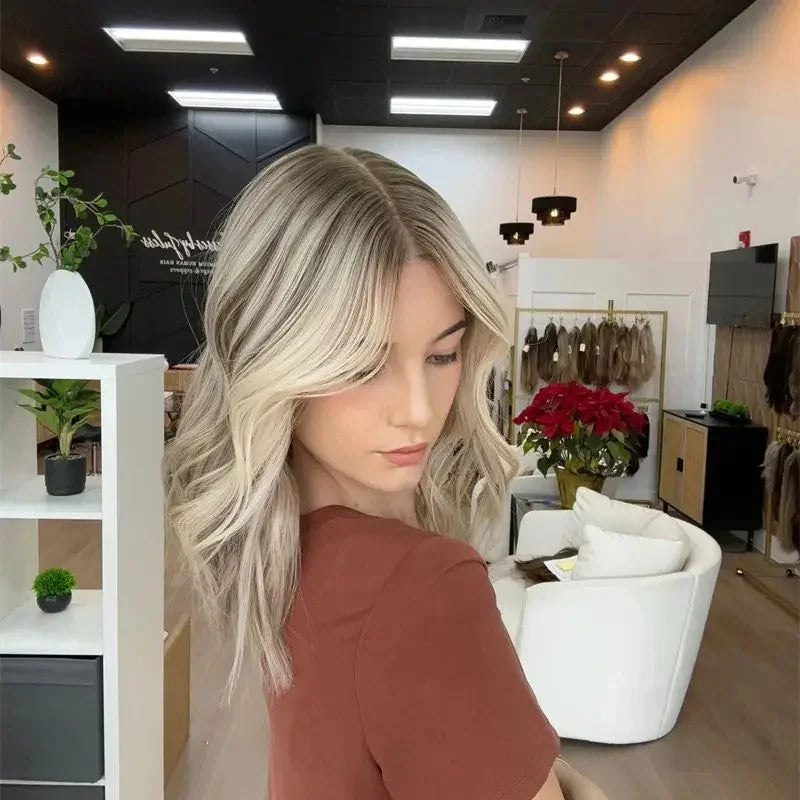 Ash Blonde Balayage Highlight Short Bob Lace Front Wig – Synthetic Blend